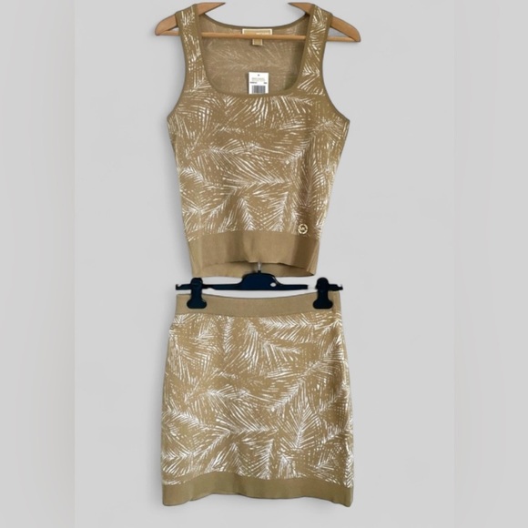 Michael Kors Dresses & Skirts - Michael Kors Two Piece Knit Set Tank Top And Skirt In Khaki & White Size L NWT